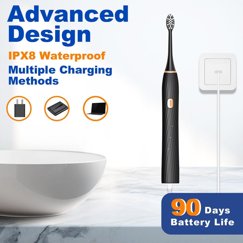 FXQQZZ Electric Toothbrush for Adults and Kids, with Tongue Scraper and Travel Case, 8 Brush Head, Smart Timer & 4 Modes Rechargeable Toothbrush, 42000 VPM Deep Clean, One Charge Last 90 Days - Black - Image 4